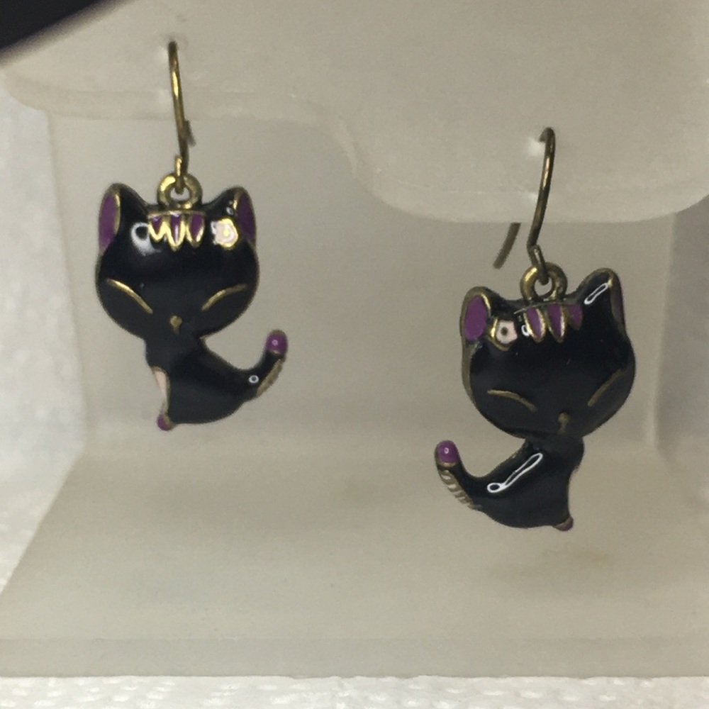 Black cat, pink belly & purple ears enamel dangling on shepherd hook earrings